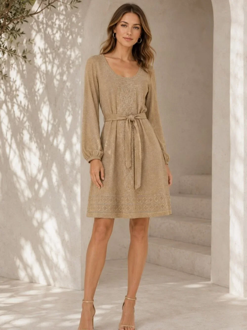 laundry by shelli segal gold dress Laundry by Shelli Segal NWT Gold Metallic Embroidered Tie Waist Cocktail  Dress